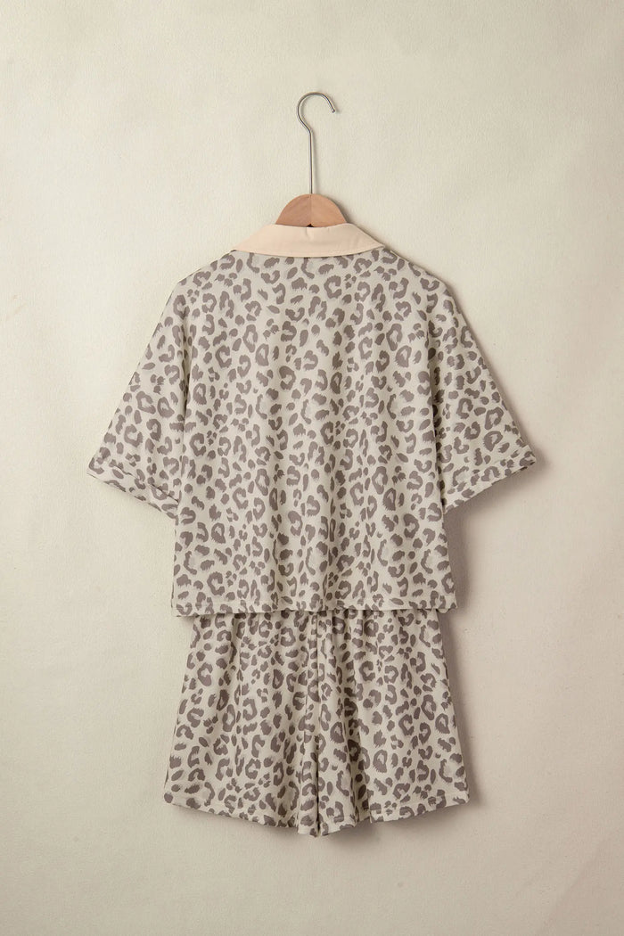 V Neck Collar Leopard Printed 2pcs Short Set – Khaki