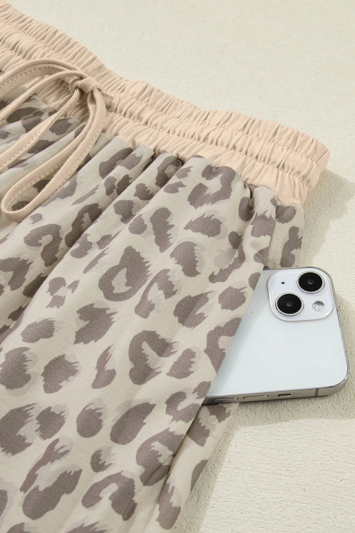 V Neck Collar Leopard Printed 2pcs Short Set – Khaki