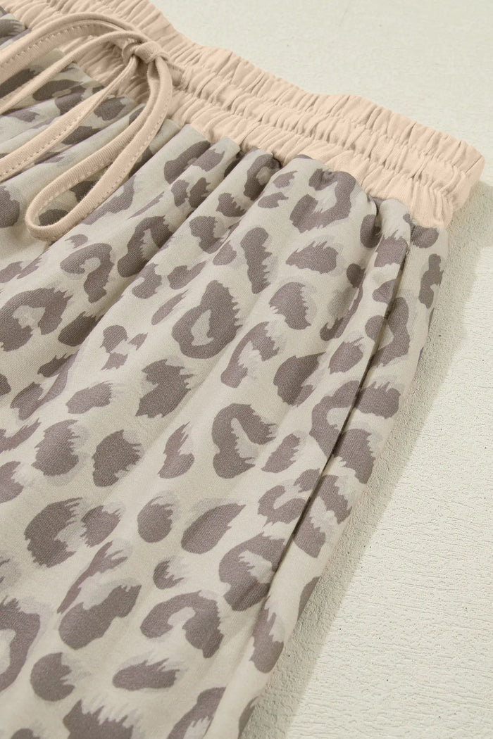 V Neck Collar Leopard Printed 2pcs Short Set – Khaki