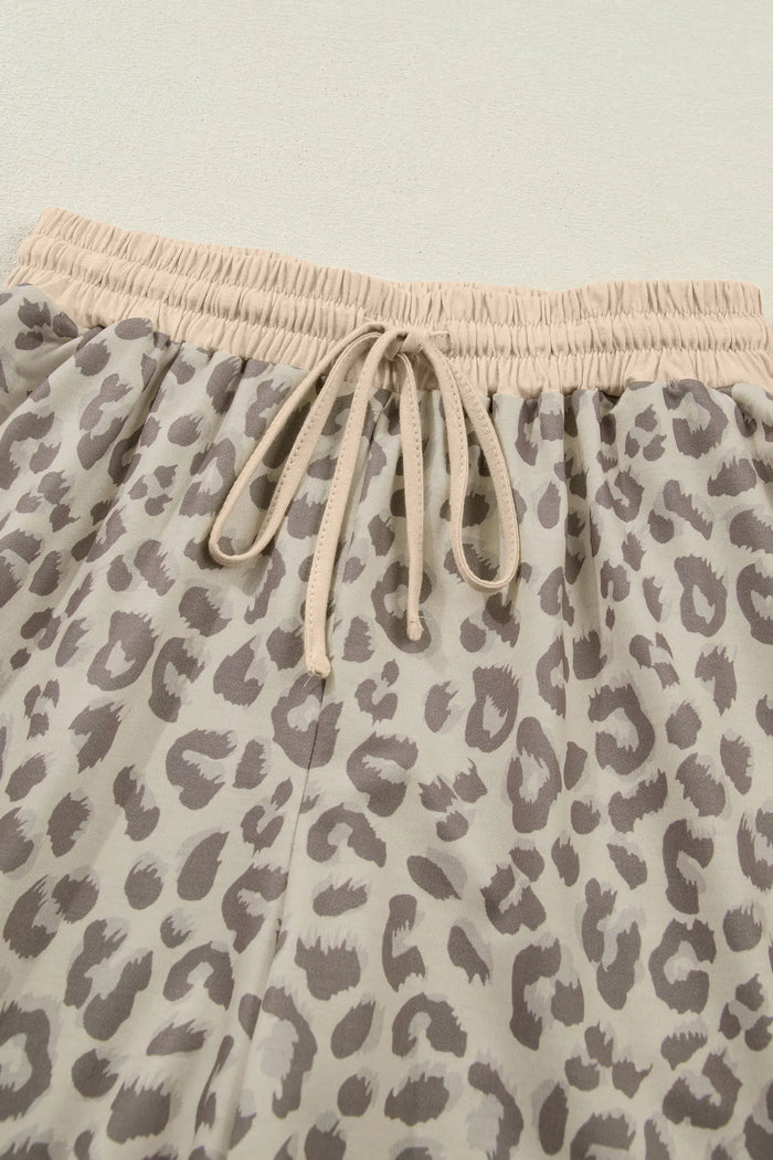 V Neck Collar Leopard Printed 2pcs Short Set – Khaki