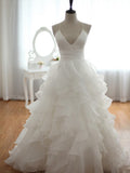 V Neck Court Train Backless Wedding Dress, Backless Wedding Gowns