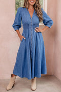 V Neck Shirred Waist Metal Zipper Denim Midi Dress – Blue