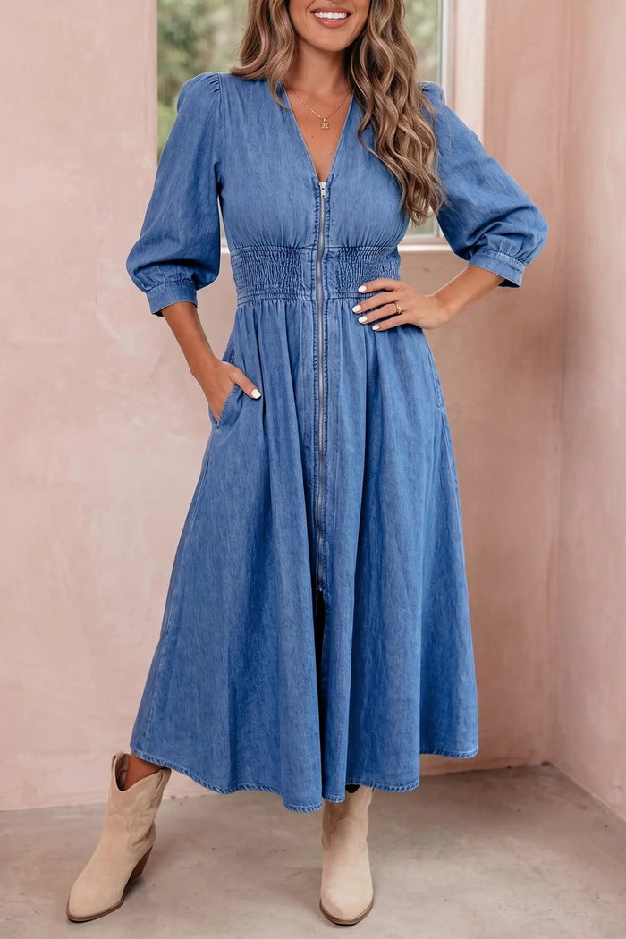 V Neck Shirred Waist Metal Zipper Denim Midi Dress – Blue