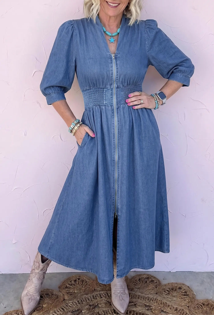 V Neck Shirred Waist Metal Zipper Denim Midi Dress – Blue