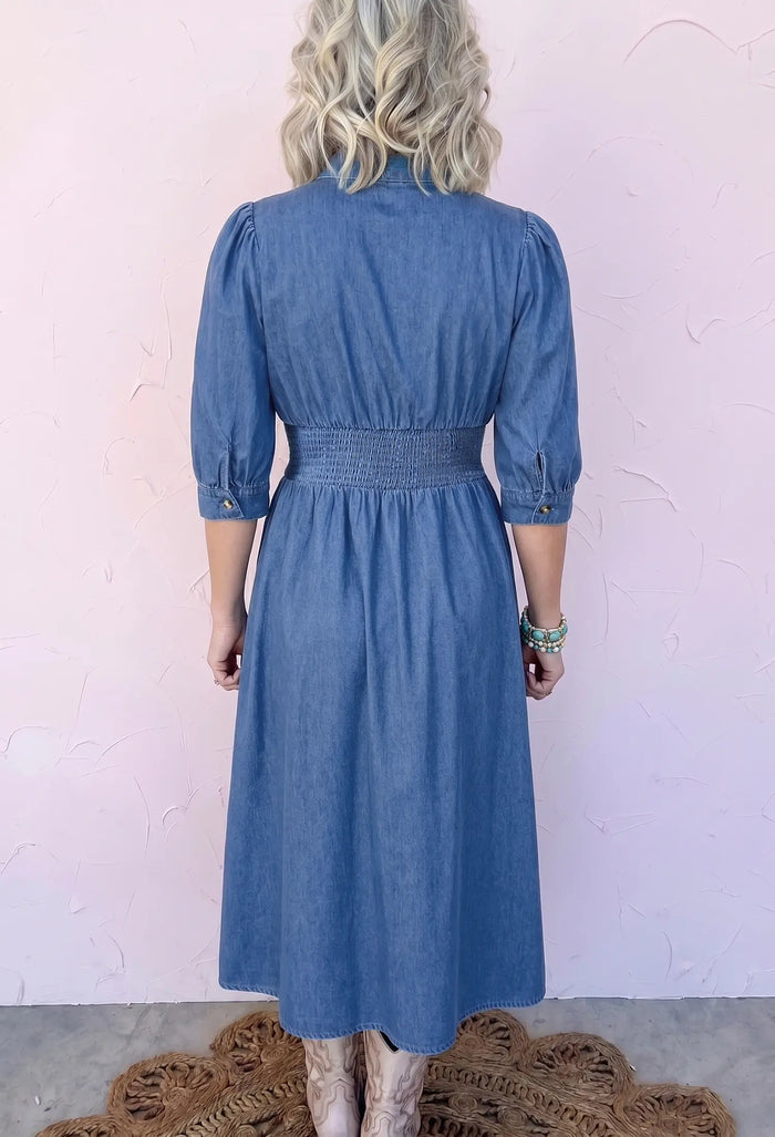 V Neck Shirred Waist Metal Zipper Denim Midi Dress – Blue