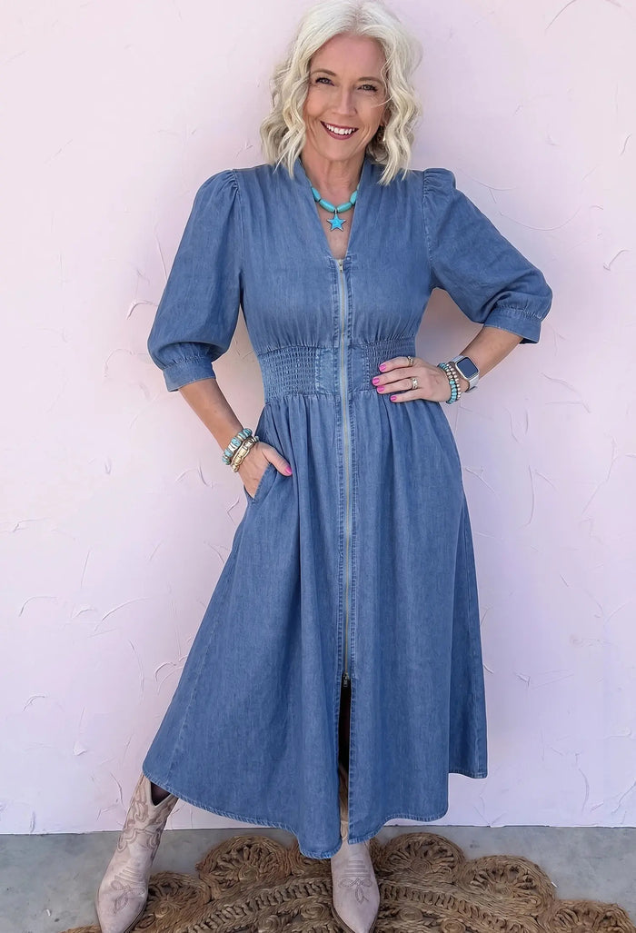 V Neck Shirred Waist Metal Zipper Denim Midi Dress – Blue