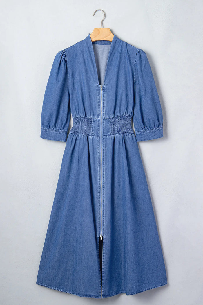 V Neck Shirred Waist Metal Zipper Denim Midi Dress – Blue