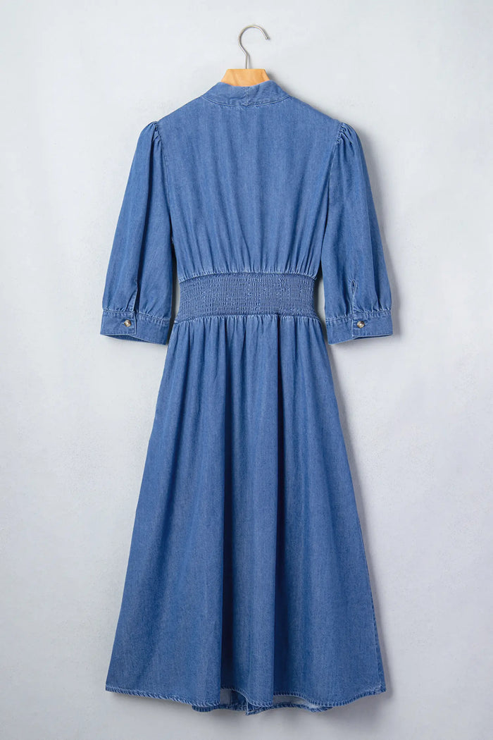 V Neck Shirred Waist Metal Zipper Denim Midi Dress – Blue