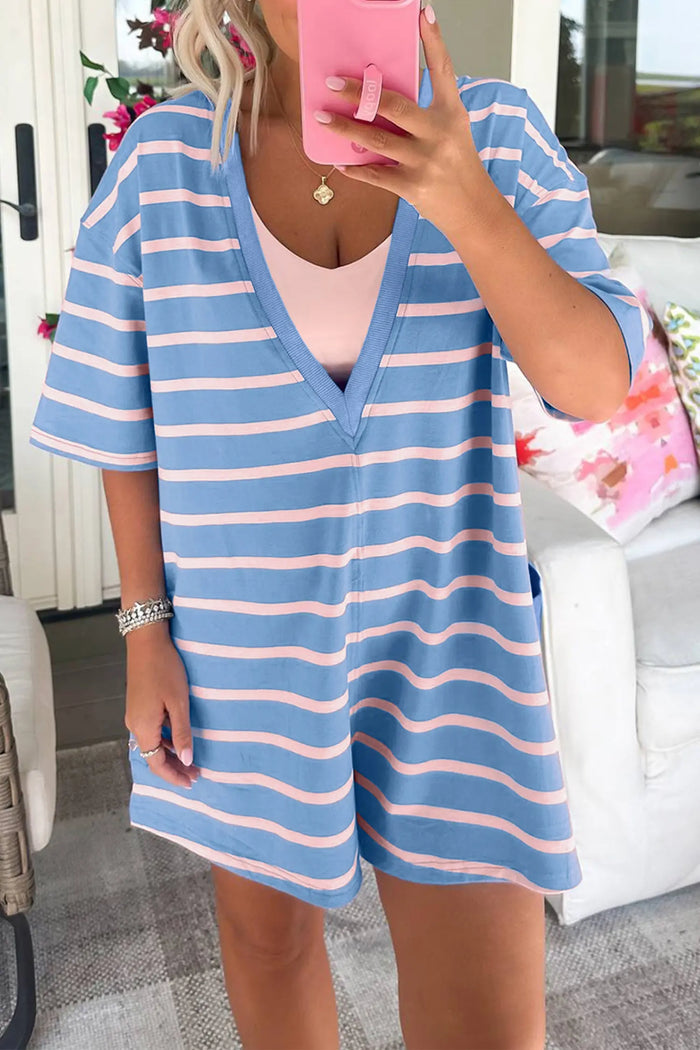 V Neck Short Sleeve Double Wear Loose Romper – Sky Blue Stripe