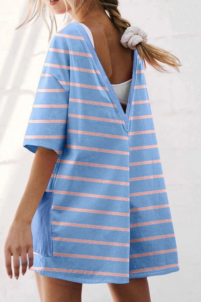 V Neck Short Sleeve Double Wear Loose Romper – Sky Blue Stripe