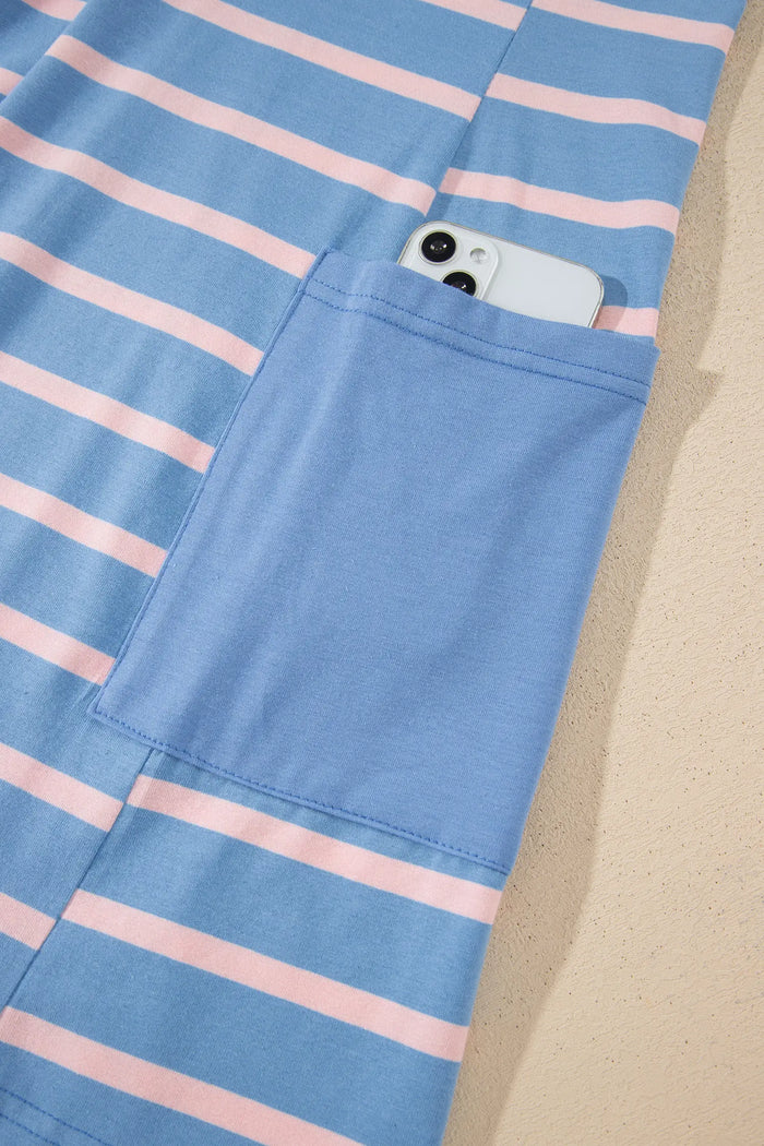 V Neck Short Sleeve Double Wear Loose Romper – Sky Blue Stripe