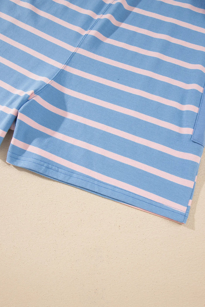 V Neck Short Sleeve Double Wear Loose Romper – Sky Blue Stripe