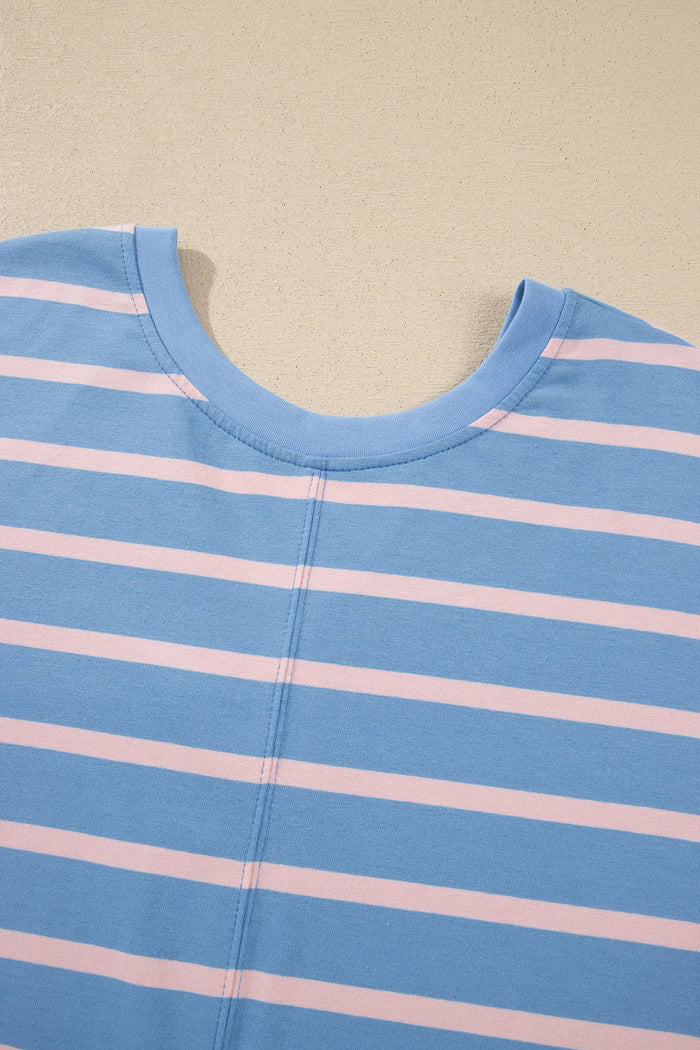 V Neck Short Sleeve Double Wear Loose Romper – Sky Blue Stripe