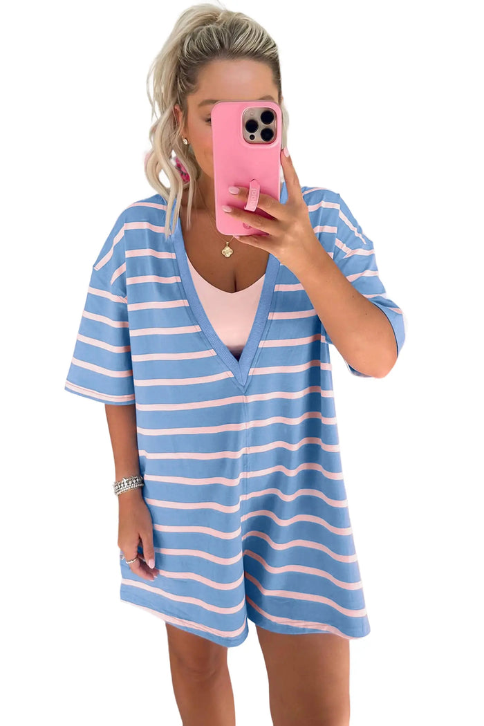 V Neck Short Sleeve Double Wear Loose Romper – Sky Blue Stripe