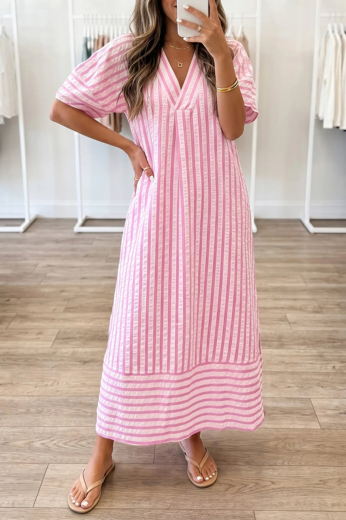 V Neck Short Sleeve Shift Long Dress – Pink Stripe
