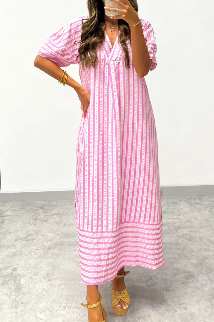 V Neck Short Sleeve Shift Long Dress – Pink Stripe