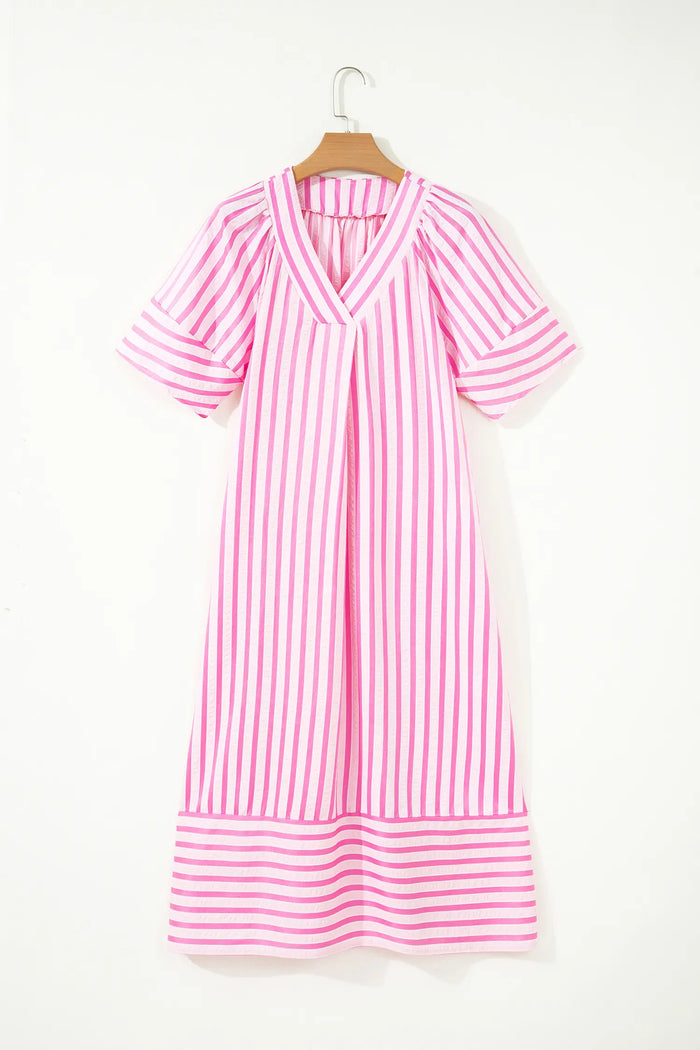 V Neck Short Sleeve Shift Long Dress – Pink Stripe