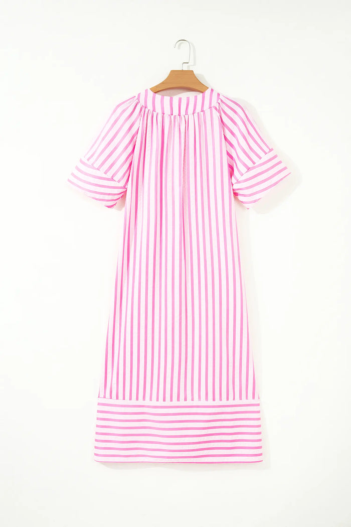 V Neck Short Sleeve Shift Long Dress – Pink Stripe