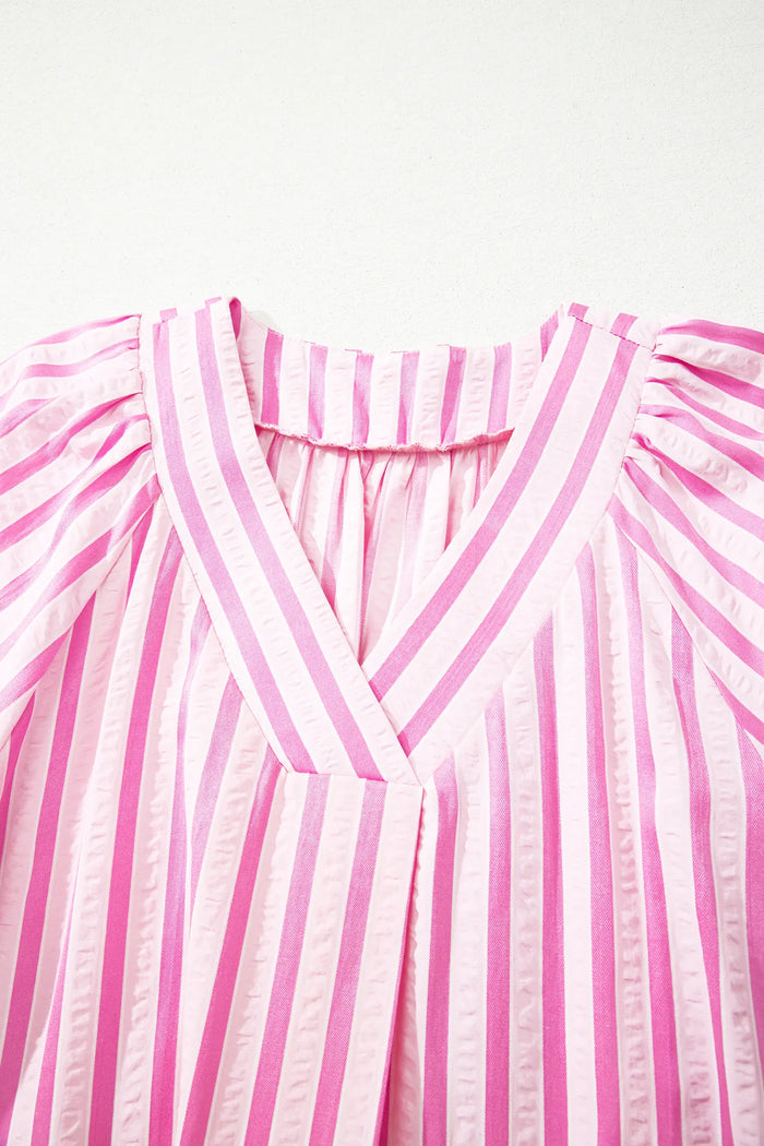 V Neck Short Sleeve Shift Long Dress – Pink Stripe