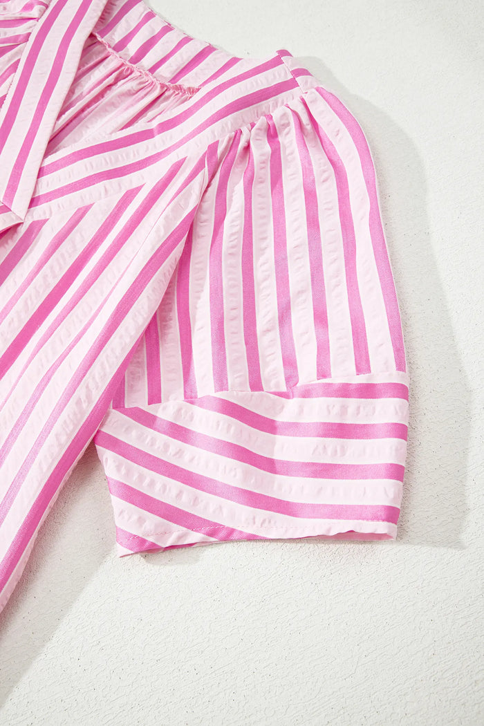 V Neck Short Sleeve Shift Long Dress – Pink Stripe