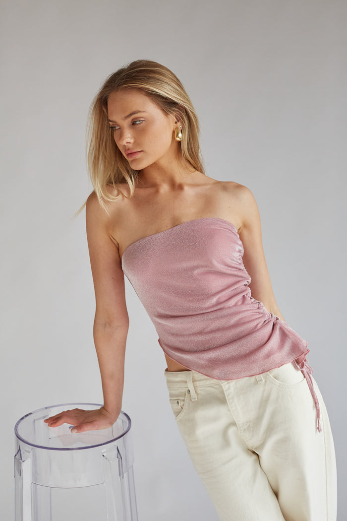 strapless pink glitter asymmetrical top | pink birthday outfit inspo