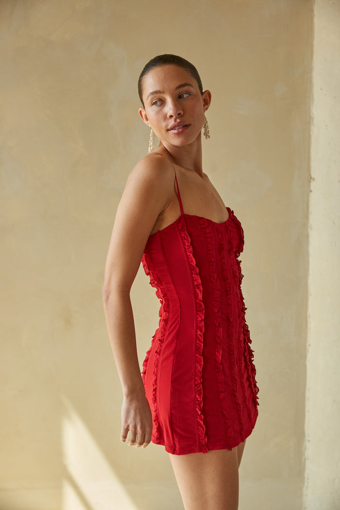 cherry red ruffle stripe bodycon mini dress | red micro mini dress