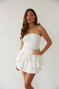 white-image | front view | white strapless denim fit and flare ruffle mini dress | white mini dress