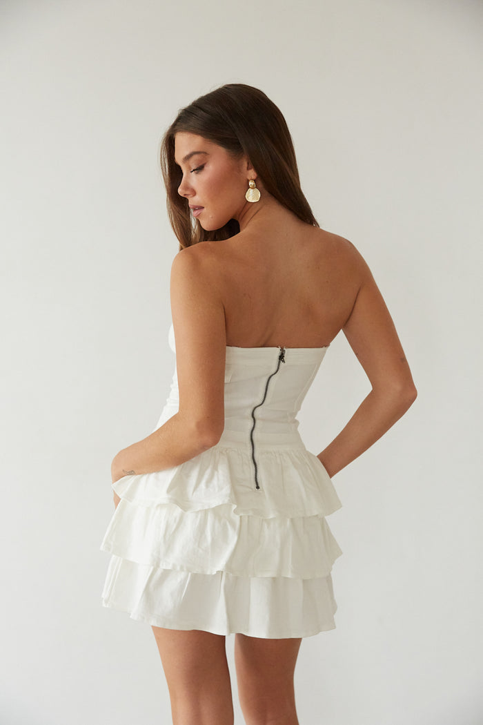 back view | white strapless denim fit and flare ruffle mini dress | white mini dress