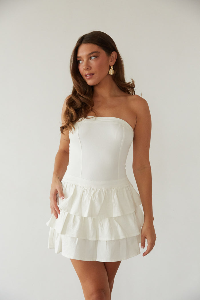 white strapless denim fit and flare ruffle mini dress | white mini dress