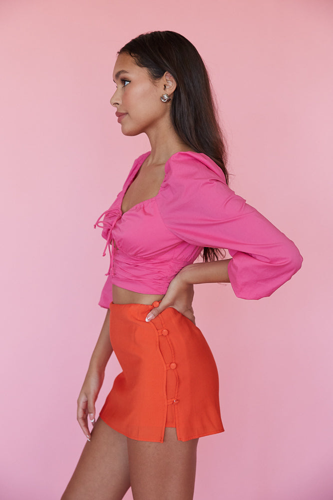 pink puff sleeve milkmaid top