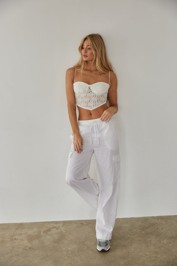 white linen pants - summer vacation pants - tie front wide leg pants