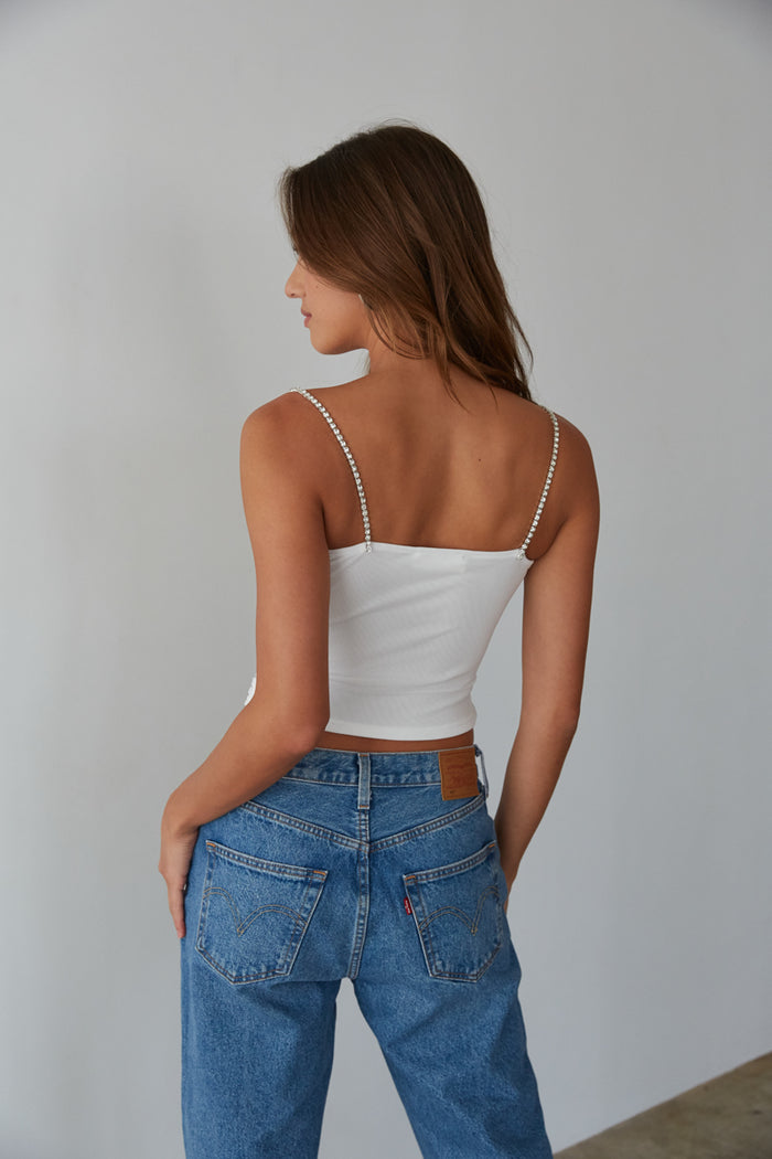 white crop top with rhinestone straps - white rhinestone crop top - going out top inspo