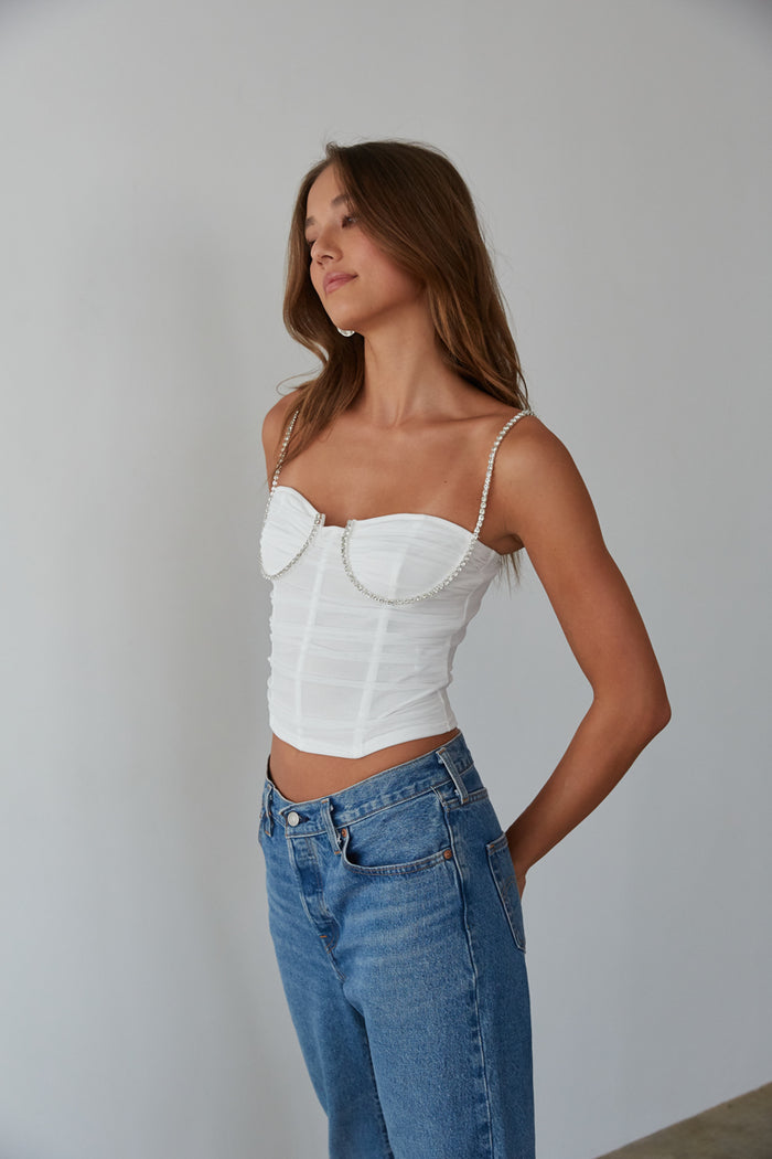 white mesh rhinestone bustier top - rhinestone strap corset top - white mesh corset top with rhinestone details