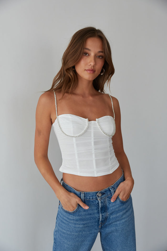 bachelorette party top inspo - white rhinestone crop top - rhinestone detailed corset top