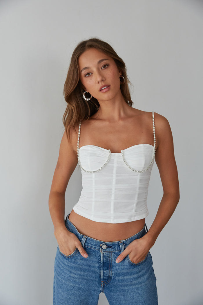 white mesh bustier top - rhinestone corset style top - white mesh bustier top with rhinestone details