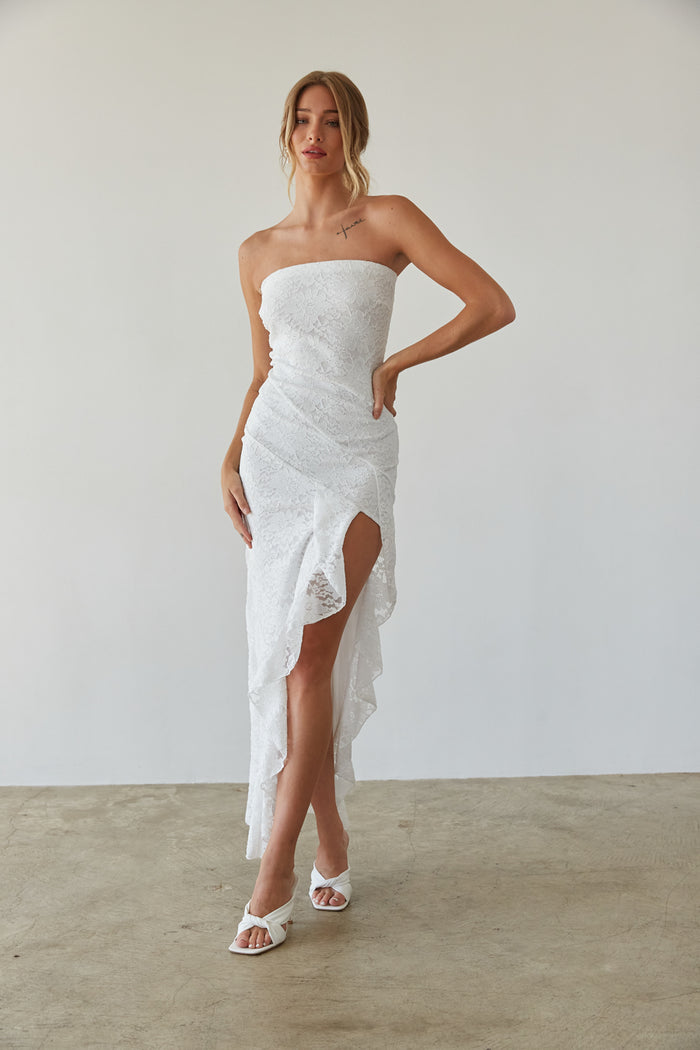 white-image | front view | white strapless bodycon midi dress with ruffle hem | unique bridal dress
