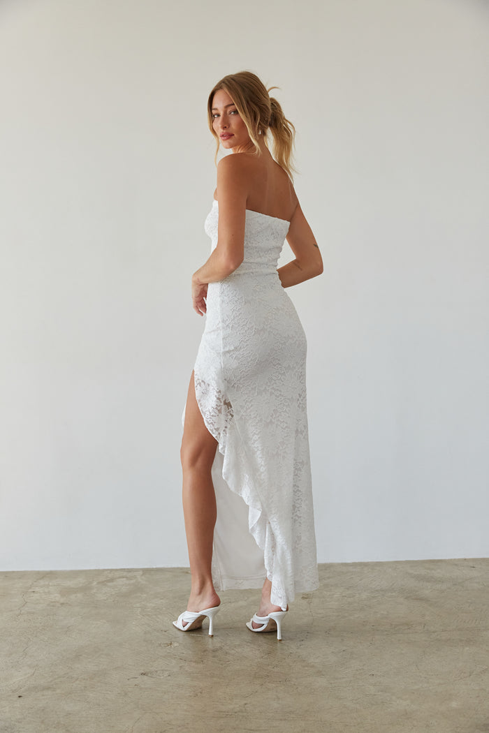 back view | white sparkly strapless bodycon midi dress with ruffle hem | unique bridal dress