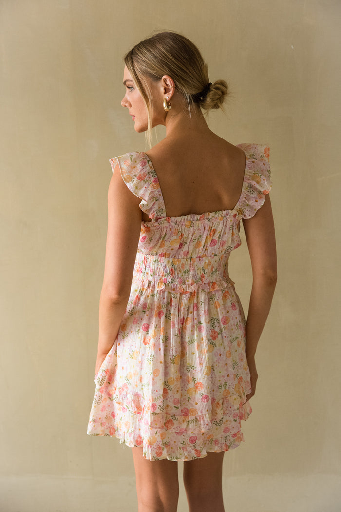 Back view | sunset floral ruffle babydoll mini dress | sundress
