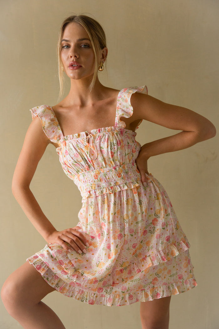 Front view | sunset floral ruffle babydoll mini dress | sundress