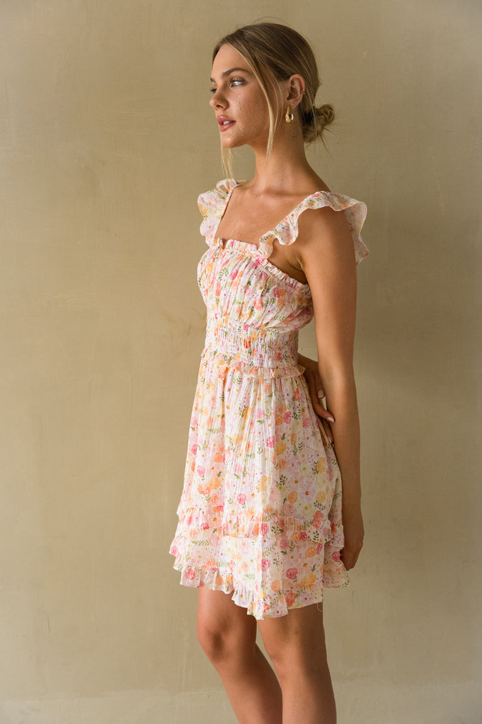 Side view | sunset floral ruffle babydoll mini dress | summer picnic dress