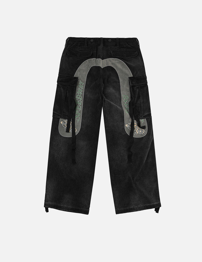 Washed Daicock Embroidery Wide-leg Corduroy Cargo Pants