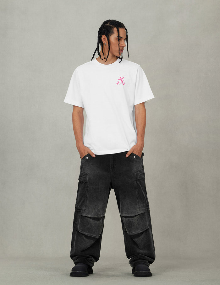 Washed Daicock Embroidery Wide-leg Corduroy Cargo Pants