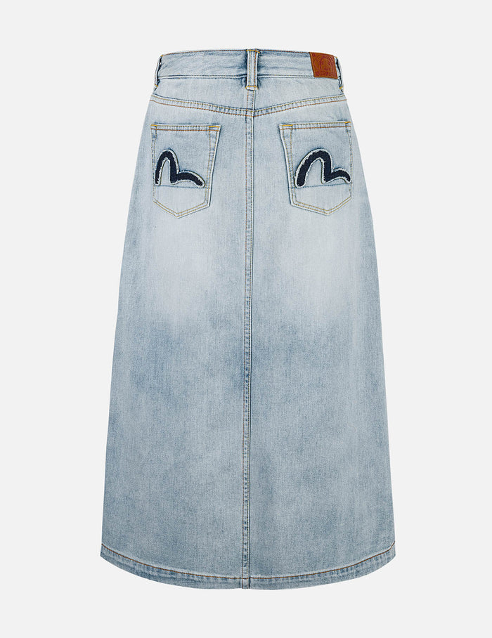 Washed Deconstructed Seagull Fashion Fit Demin Midi Skirt
