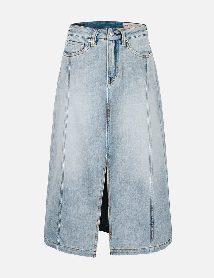 Washed Deconstructed Seagull Fashion Fit Demin Midi Skirt
