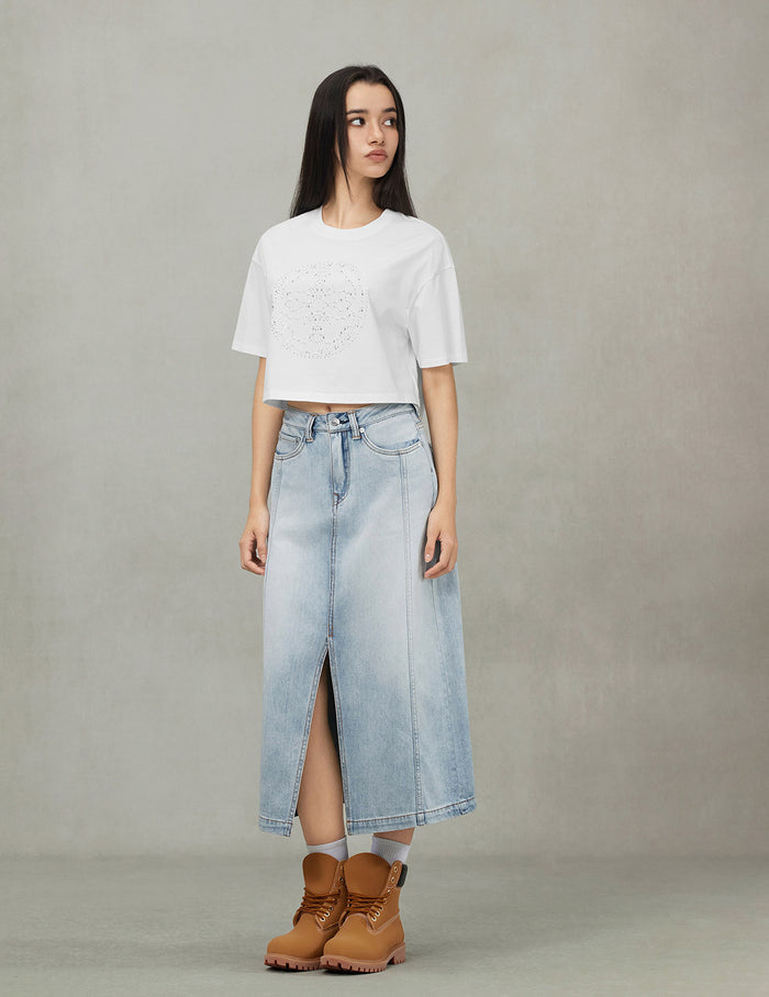 Washed Deconstructed Seagull Fashion Fit Demin Midi Skirt