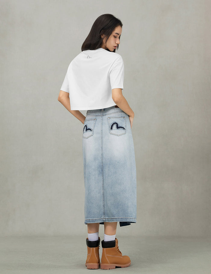 Washed Deconstructed Seagull Fashion Fit Demin Midi Skirt