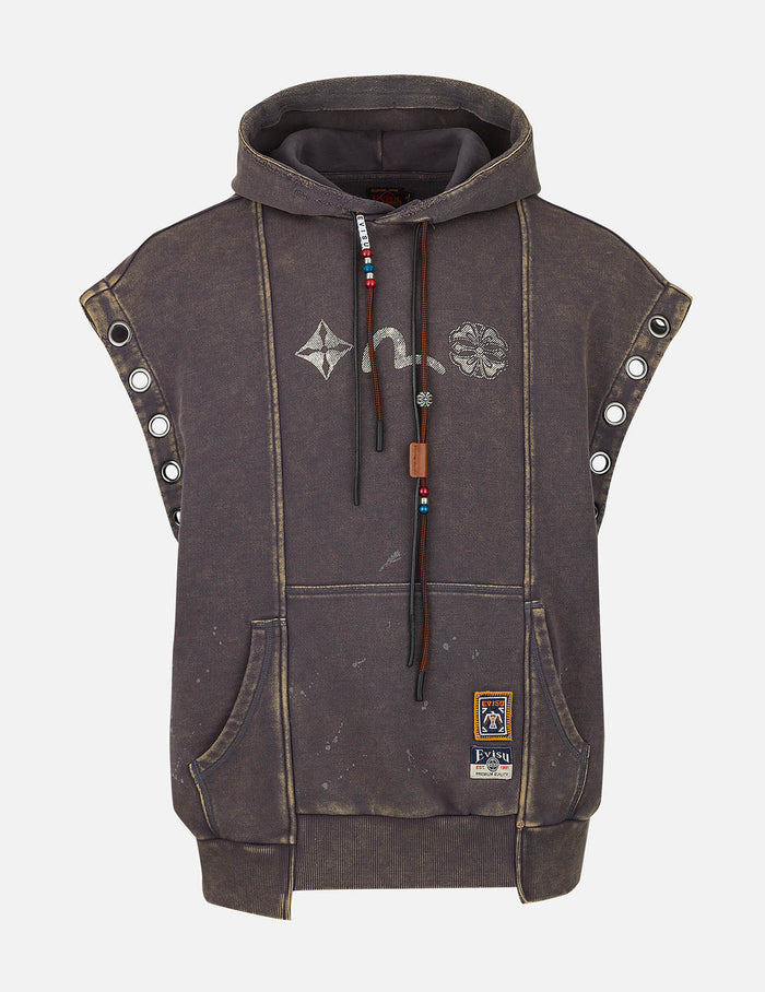 Washed Deconstructed Totem Kamon Embroidery Fashion Fit Hoodie Vest