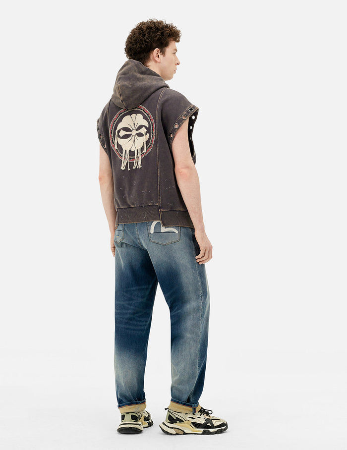 Washed Deconstructed Totem Kamon Embroidery Fashion Fit Hoodie Vest