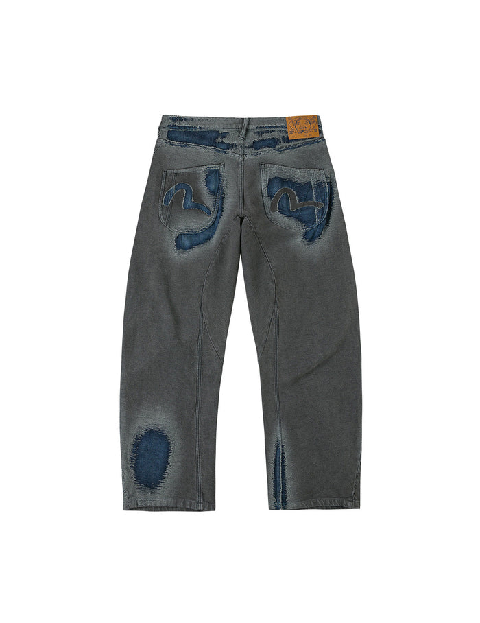 Washed Distressed Seagull Print 3D Cut Jeans