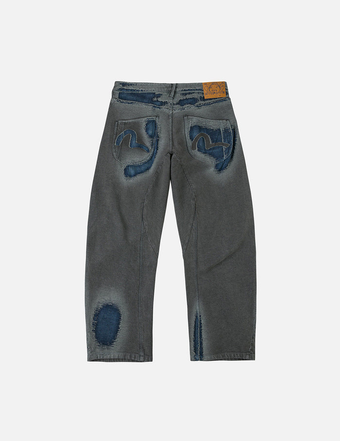 Washed Distressed Seagull Print 3D Cut Jeans